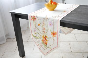 Chemin de table brodé lin 40x180 fleurs de champs 