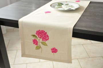 Chemin de table brodé 40x150 Lin hortensia ROUGE