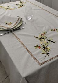 Serviette de table brodée lin, motif olives, 40x40cm