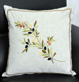 Housse de coussin brodée lin, motif olives,43x43cm