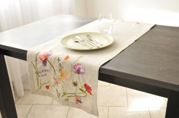 Chemin de table brodé 42x118 lin fleurs de champs