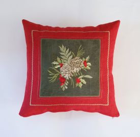 Housse de coussin brodée 43x43  rouge et vert