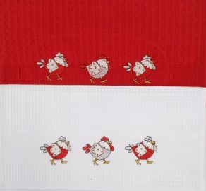 Torchon brodé blanc 45x70 motif poulets