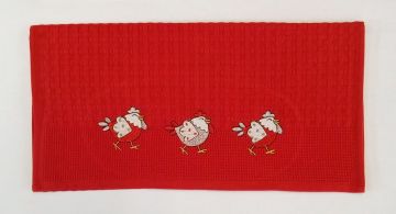 Torchon brodé rouge 45x70 motif poulets