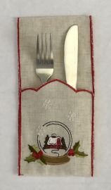 Pochette à couverts brodée lin 11x23 maison
