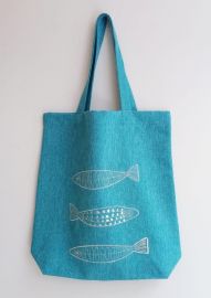 Sac  brodé poissons 41x45 turquoise