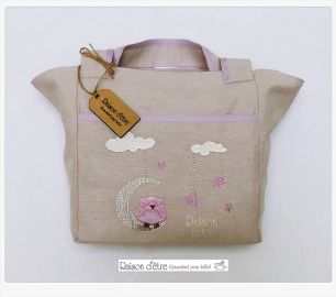 Sac brodé pour nécessaires chouette (rose)