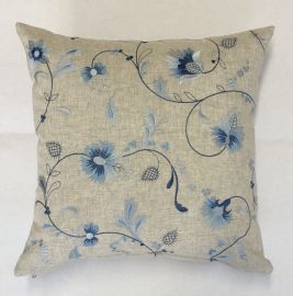 Housse de coussin brodée lin 43x43 broderie  bleue