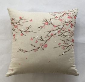 Housse de coussin  brodée branches amandier 43x43 écru