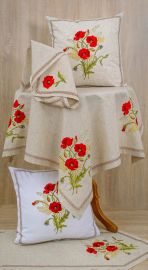 Nappe brodée  ronde Ø 180cm  lin coquelicots