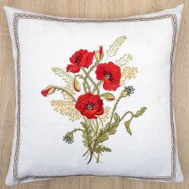 Housse de coussin  brodée 43x43 blanc coquelicots