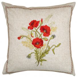Housse de coussin  brodée 43x43 lin coquelicots