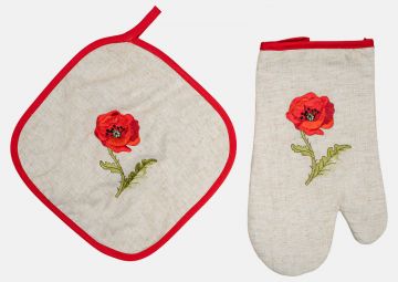 Manique  brodée  lin coquelicots