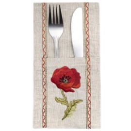 Pochette de couverts  brodée 11x23 lin coquelicots