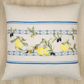 Housse de coussin brodée 42x43 Ecru citrons-olives