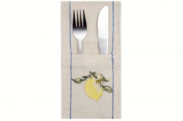 Pochette à couverts brodée 11x23 Ecru citrons-olives
