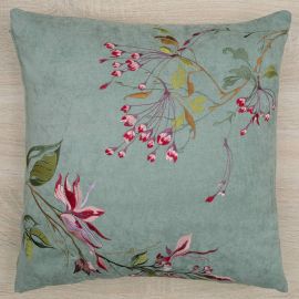 Housse de coussin  brodée 43x43 velours pistache fleurs printanières