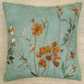Housse de coussin  brodée 43x43 velours pistache fleurs sauvages