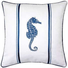 Housse de coussin brodée 43x43 blanc hippocampe bleu