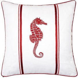 Housse de coussin brodée 43x43 blanc hippocampe rouge