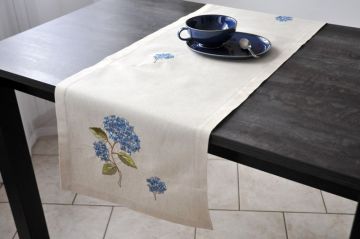 Chemin de table brodé 40x100 Lin hortensia bleue